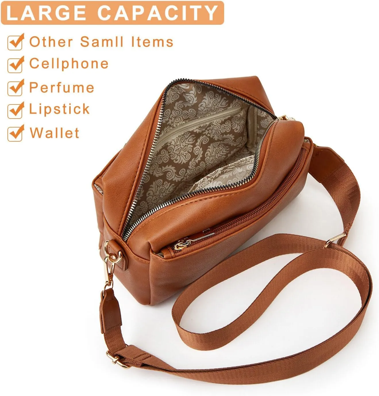HUA ANGEL Small Crossbody Bags for Women Leather Cellphone Shoulder Handbags Triple Zip Satchel Purse with Adjustable Strap