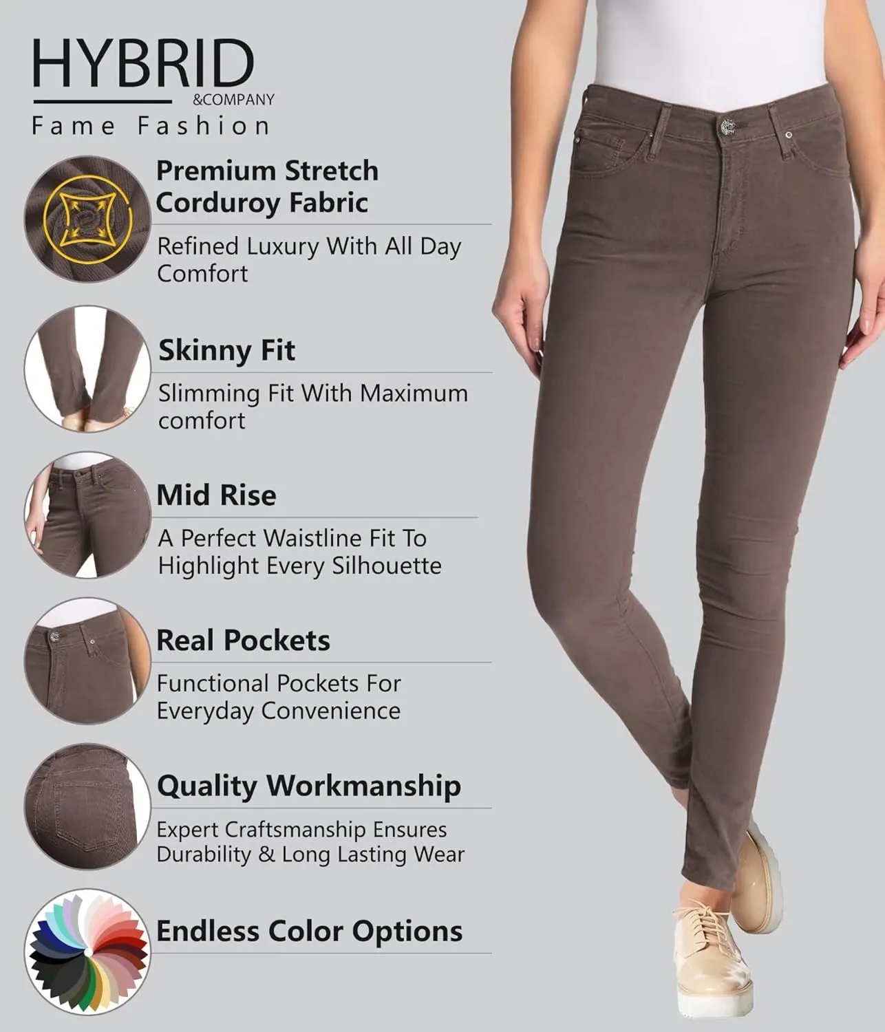 Hybrid & Company Super Comfy Stretch Women 5 Pockets Corduroy Skinny Pants