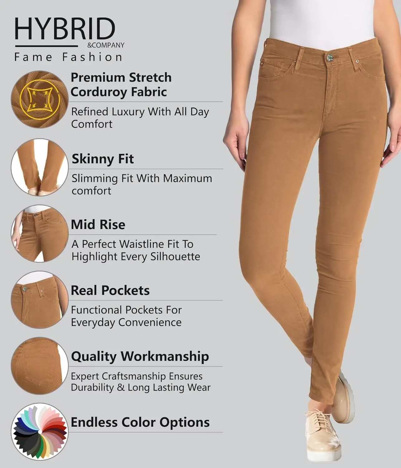 Hybrid & Company Super Comfy Stretch Women 5 Pockets Corduroy Skinny Pants