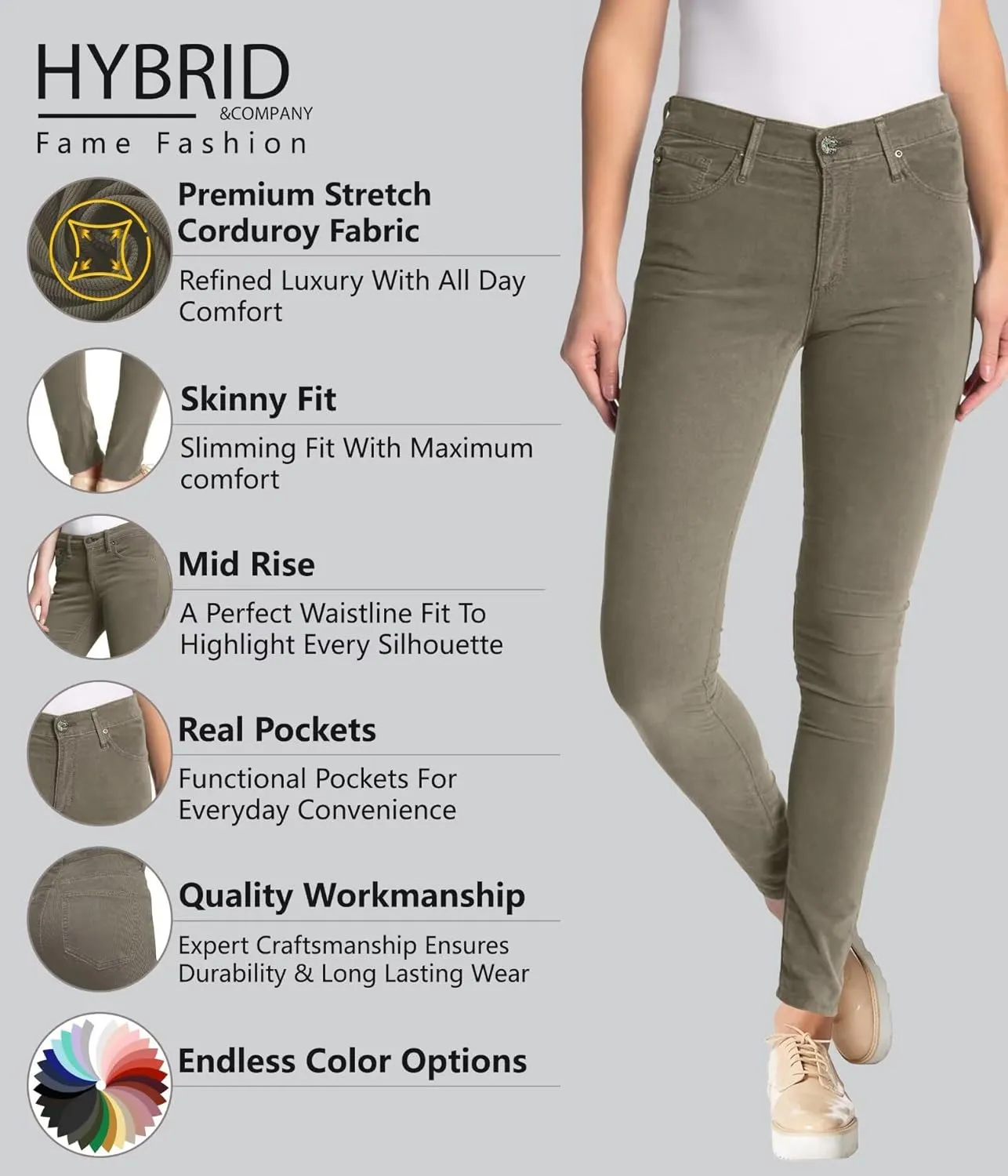Hybrid & Company Super Comfy Stretch Women 5 Pockets Corduroy Skinny Pants