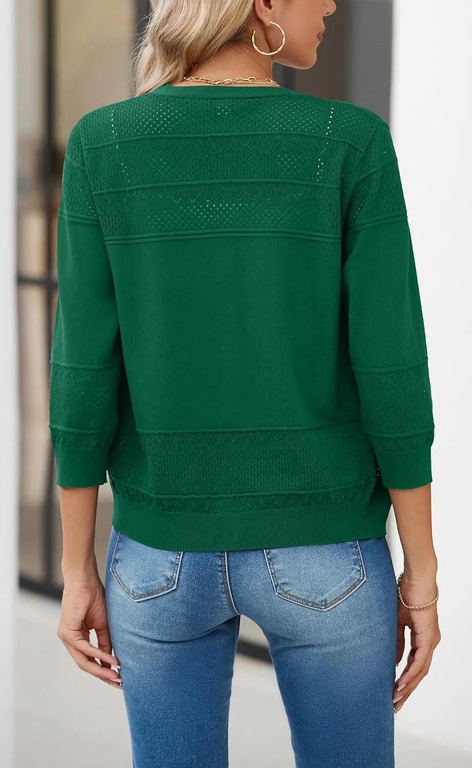 Iandroiy Women's Cropped Cardigan Lightweight Crochet Shrug 3/4 Sleeve Hollowed-Out Knit Sweater Tops