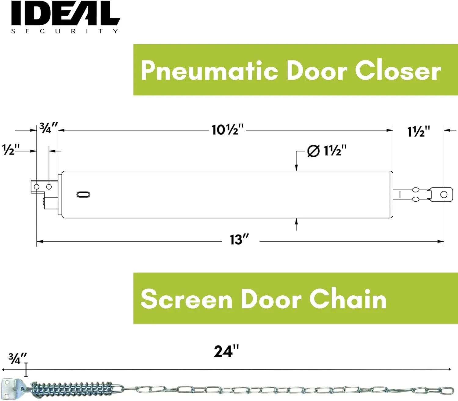 Ideal Security Model 8730 Heavy Duty Pneumatic Screen and Storm Door Closer with Wind Chain, 10.5" L x 1.5" W x 1.5" H, Brown