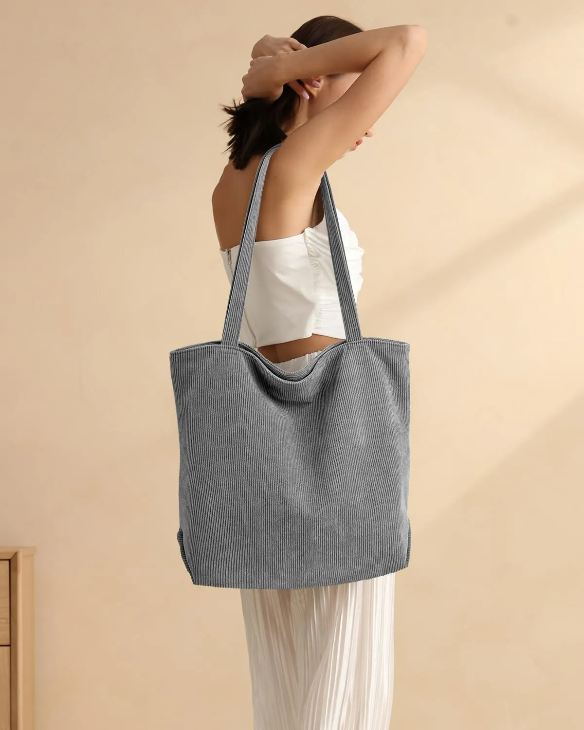 Iioscre Corduroy Tote Bag for Women,Hobo HandBags with Zipper,Large Capacity Casual Shoulder Handbags with Inner Pockets