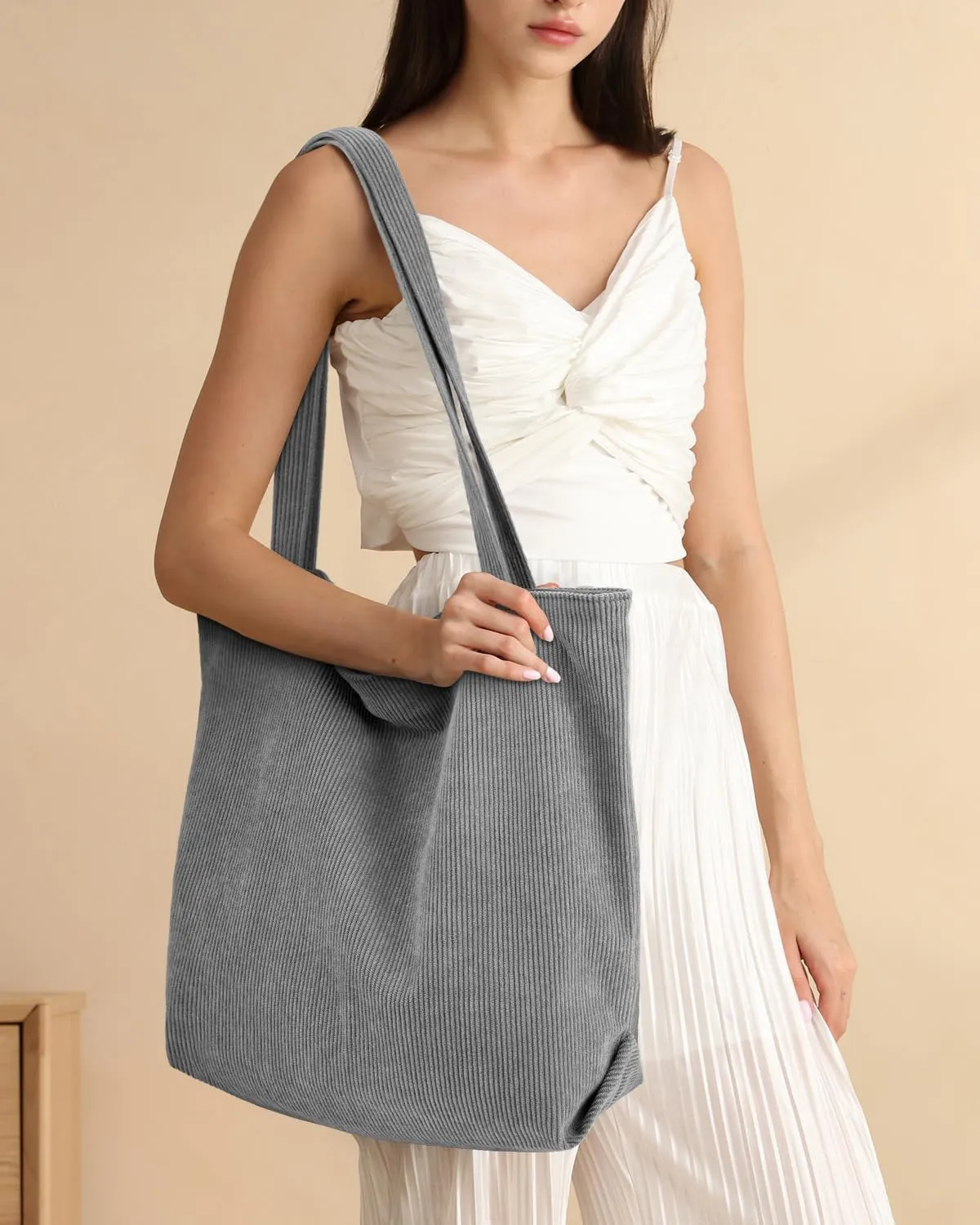 Iioscre Corduroy Tote Bag for Women,Hobo HandBags with Zipper,Large Capacity Casual Shoulder Handbags with Inner Pockets