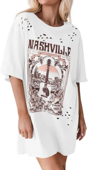 Imily Bela Womens Nashville Oversized T Shirts Country Concert Outfits Hollow Out Guitar Graphic Tees Vintage Tops