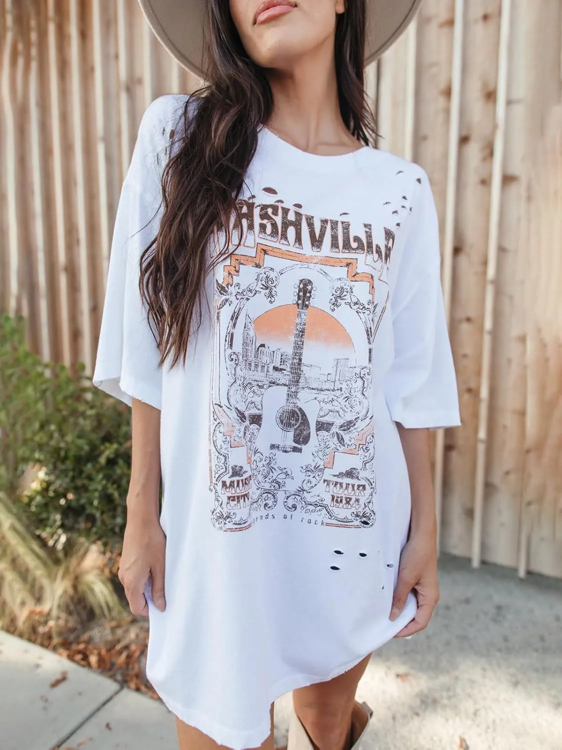 Imily Bela Womens Nashville Oversized T Shirts Country Concert Outfits Hollow Out Guitar Graphic Tees Vintage Tops