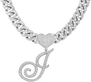 Initial Necklaces Silver Cuban Link Chain for Women Iced Out Chain with Heart Letter Pendants Custom Chain Name Necklace Hip Hop Jewelry Gift