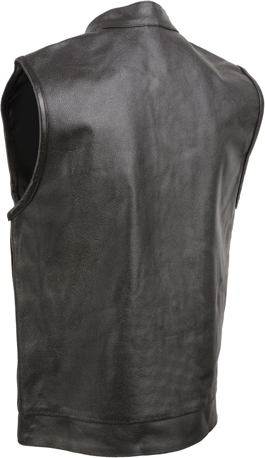 Insane Bikers SOA Mens Leather Club Style Vest W/Concealed Gun Pockets, Cowhide Leather Biker Vest, Single Panel Back