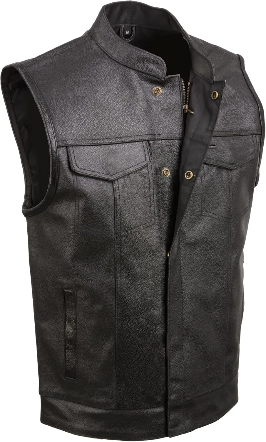 Insane Bikers SOA Mens Leather Club Style Vest W/Concealed Gun Pockets, Cowhide Leather Biker Vest, Single Panel Back