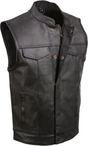 Insane Bikers SOA Mens Leather Club Style Vest W/Concealed Gun Pockets, Cowhide Leather Biker Vest, Single Panel Back