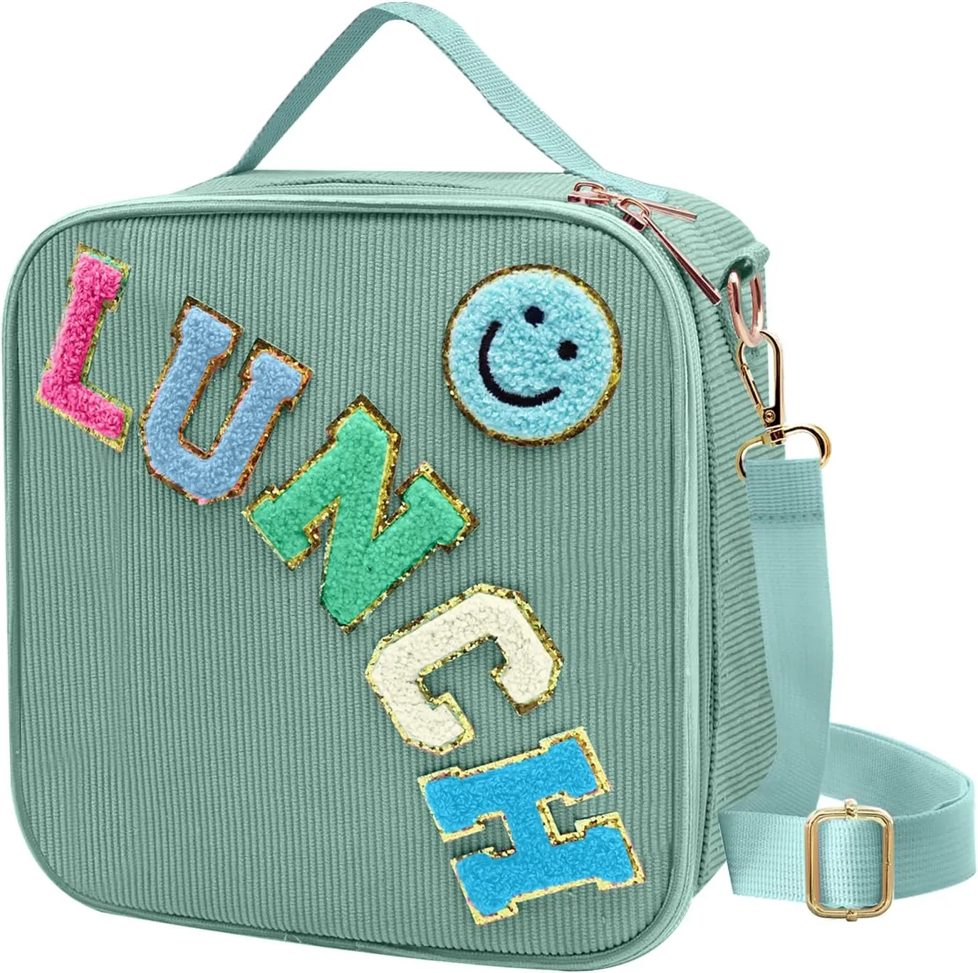 Insulated Lunch Bag With Adjustable Shoulder Strap, Cute Corduroy Preppy Lunch Box Large Insulated Lunch Bag Reusable Lunch Tote Bag with Smiley Preppy LunchBag for Girls School Travel (Green)