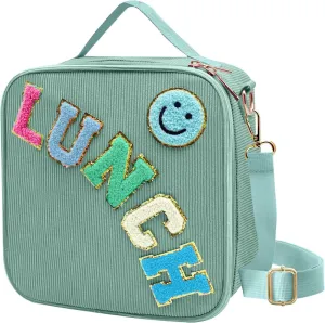 Insulated Lunch Bag With Adjustable Shoulder Strap, Cute Corduroy Preppy Lunch Box Large Insulated Lunch Bag Reusable Lunch Tote Bag with Smiley Preppy LunchBag for Girls School Travel (Green)