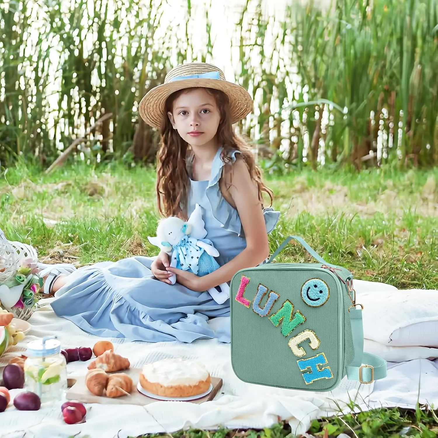 Insulated Lunch Bag With Adjustable Shoulder Strap, Cute Corduroy Preppy Lunch Box Large Insulated Lunch Bag Reusable Lunch Tote Bag with Smiley Preppy LunchBag for Girls School Travel (Green)
