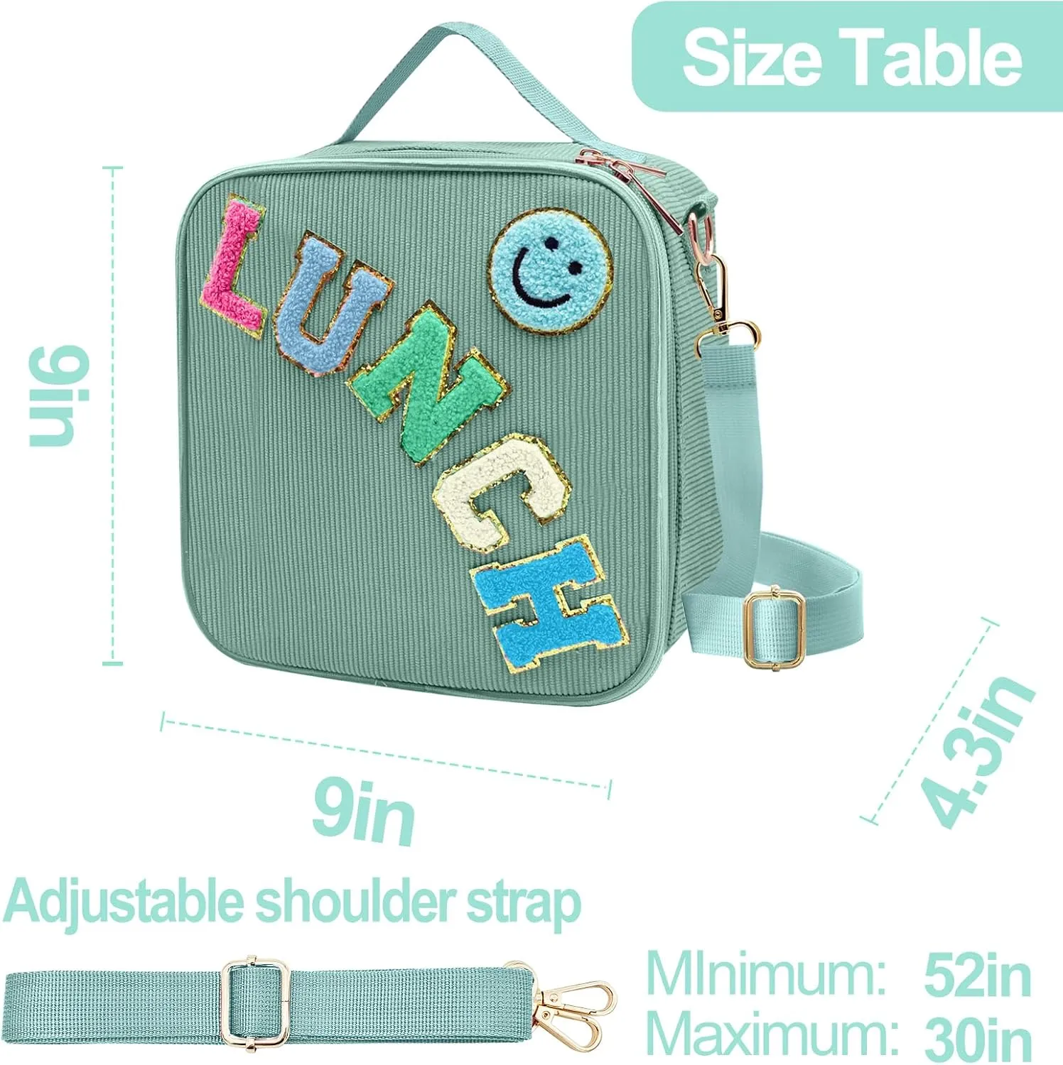 Insulated Lunch Bag With Adjustable Shoulder Strap, Cute Corduroy Preppy Lunch Box Large Insulated Lunch Bag Reusable Lunch Tote Bag with Smiley Preppy LunchBag for Girls School Travel (Green)