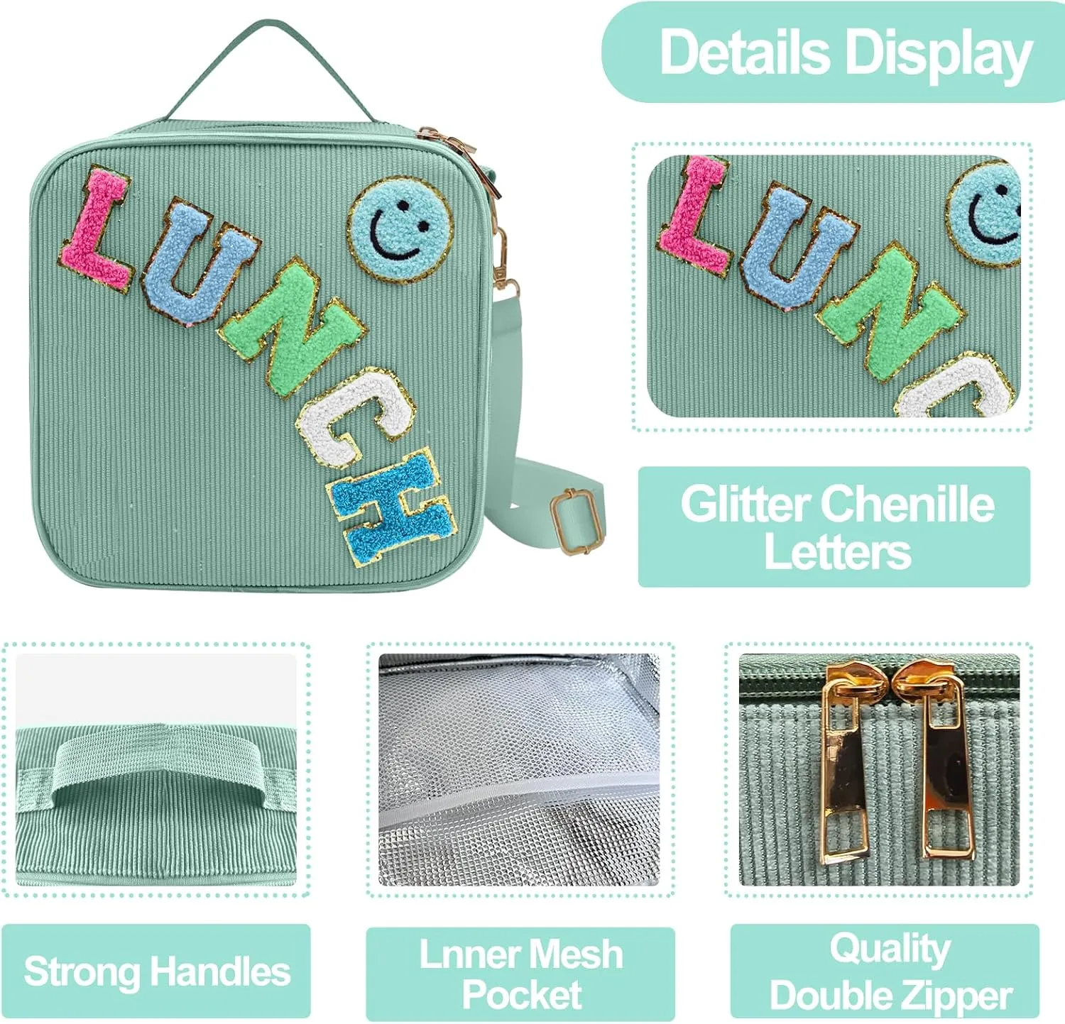 Insulated Lunch Bag With Adjustable Shoulder Strap, Cute Corduroy Preppy Lunch Box Large Insulated Lunch Bag Reusable Lunch Tote Bag with Smiley Preppy LunchBag for Girls School Travel (Green)