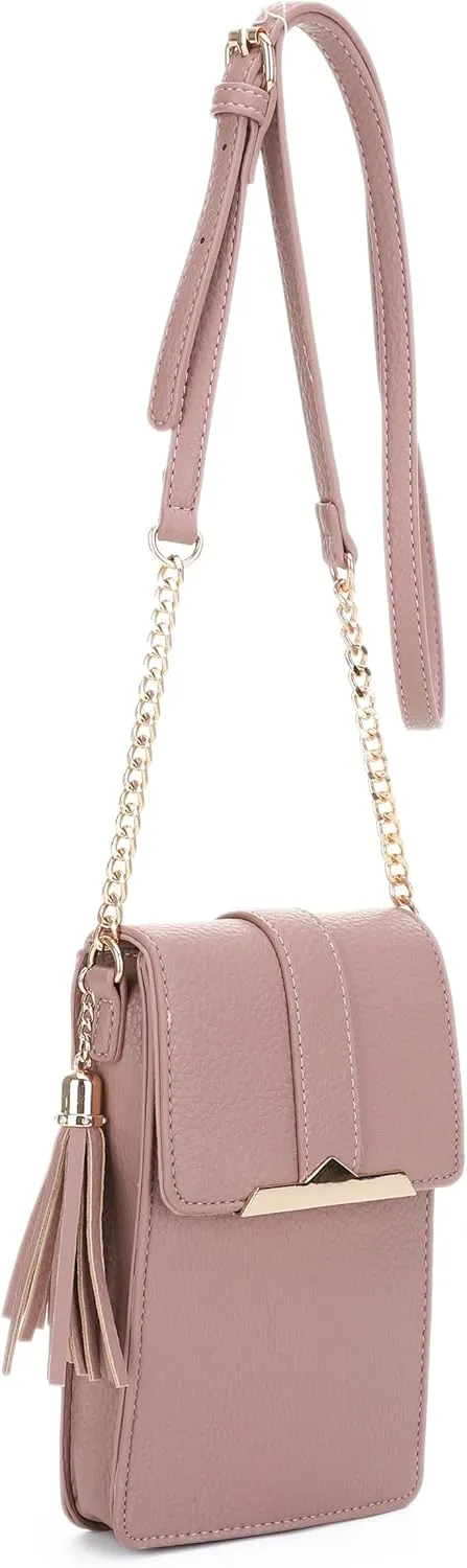 Izzy & Ali Compact Phone Crossbody Bag, Rectangular, Tassel Accent, Adjustable Chain Strap, Magnetic Flap Closure