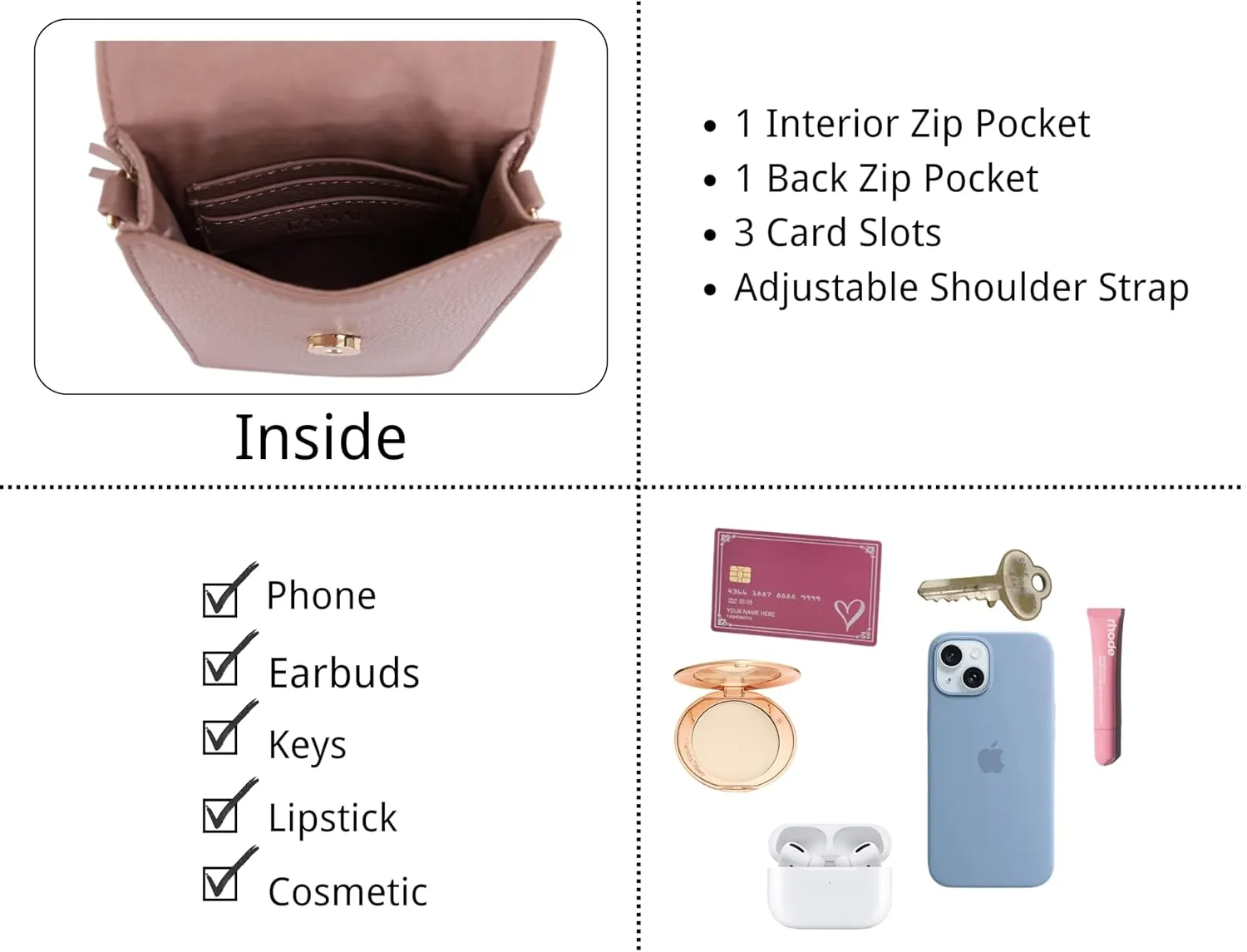 Izzy & Ali Compact Phone Crossbody Bag, Rectangular, Tassel Accent, Adjustable Chain Strap, Magnetic Flap Closure