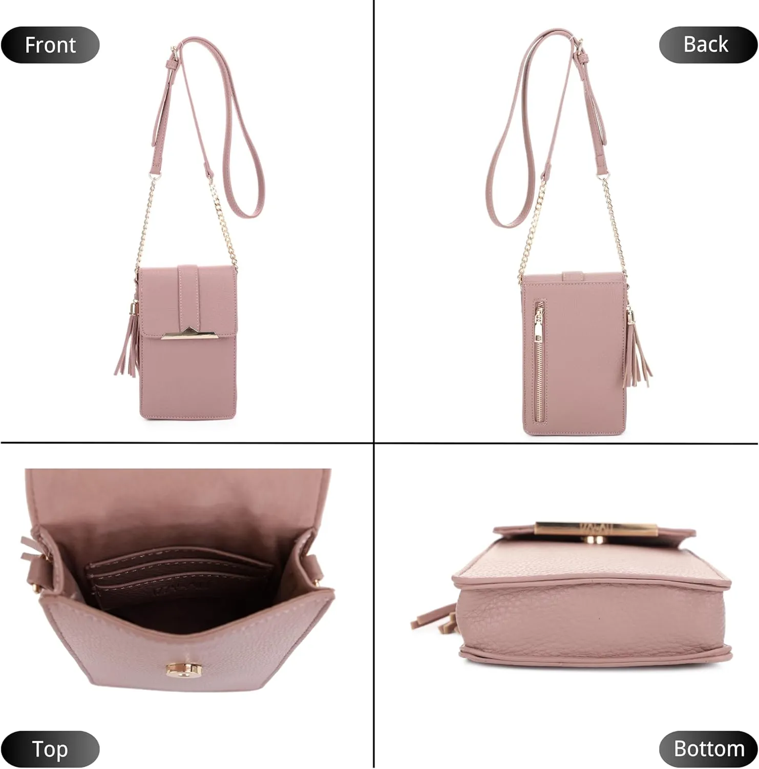 Izzy & Ali Compact Phone Crossbody Bag, Rectangular, Tassel Accent, Adjustable Chain Strap, Magnetic Flap Closure