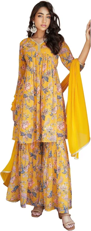 Janasya Indian Women's Flowy Floral Printed Kurta Kurti Top Tunic Festive Wedding Party wear Kurta with Pant and Dupatta