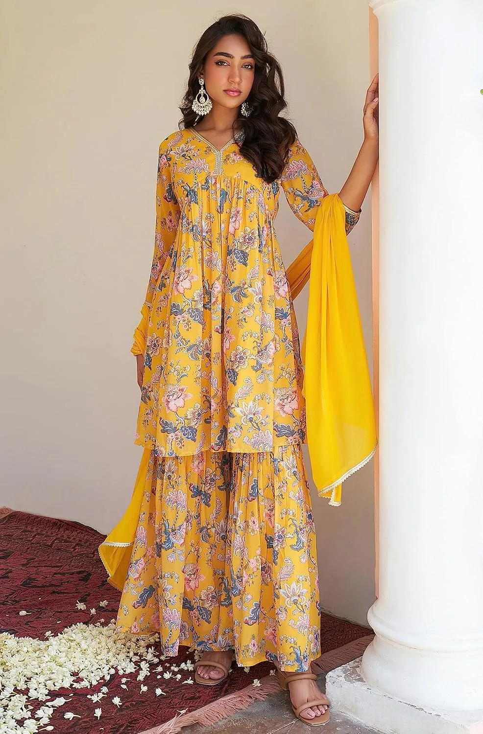 Janasya Indian Women's Flowy Floral Printed Kurta Kurti Top Tunic Festive Wedding Party wear Kurta with Pant and Dupatta