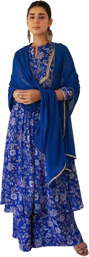 Janasya Indian Women's Flowy Floral Printed Kurta Kurti Top Tunic Festive Wedding Party wear Kurta with Pant and Dupatta