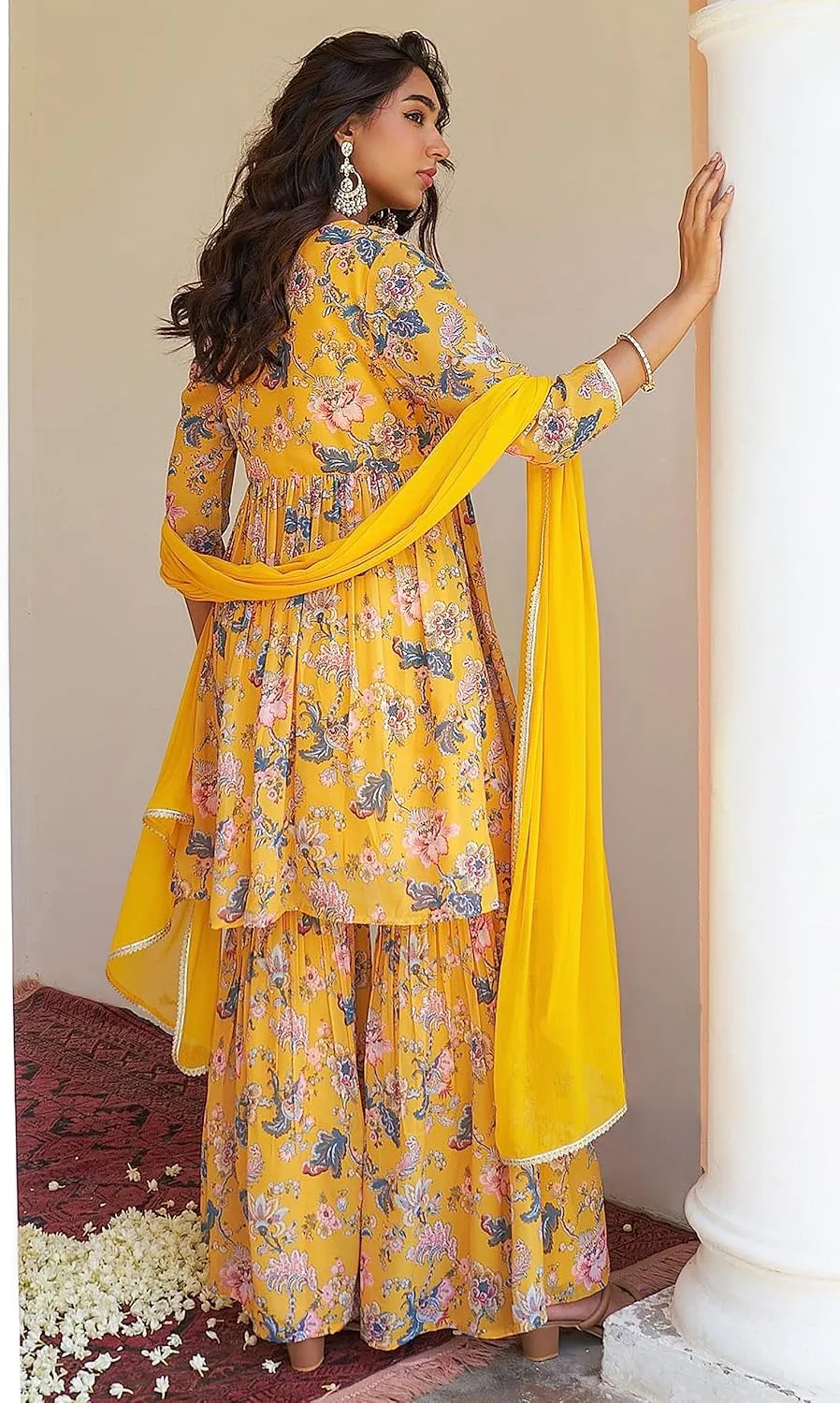 Janasya Indian Women's Flowy Floral Printed Kurta Kurti Top Tunic Festive Wedding Party wear Kurta with Pant and Dupatta