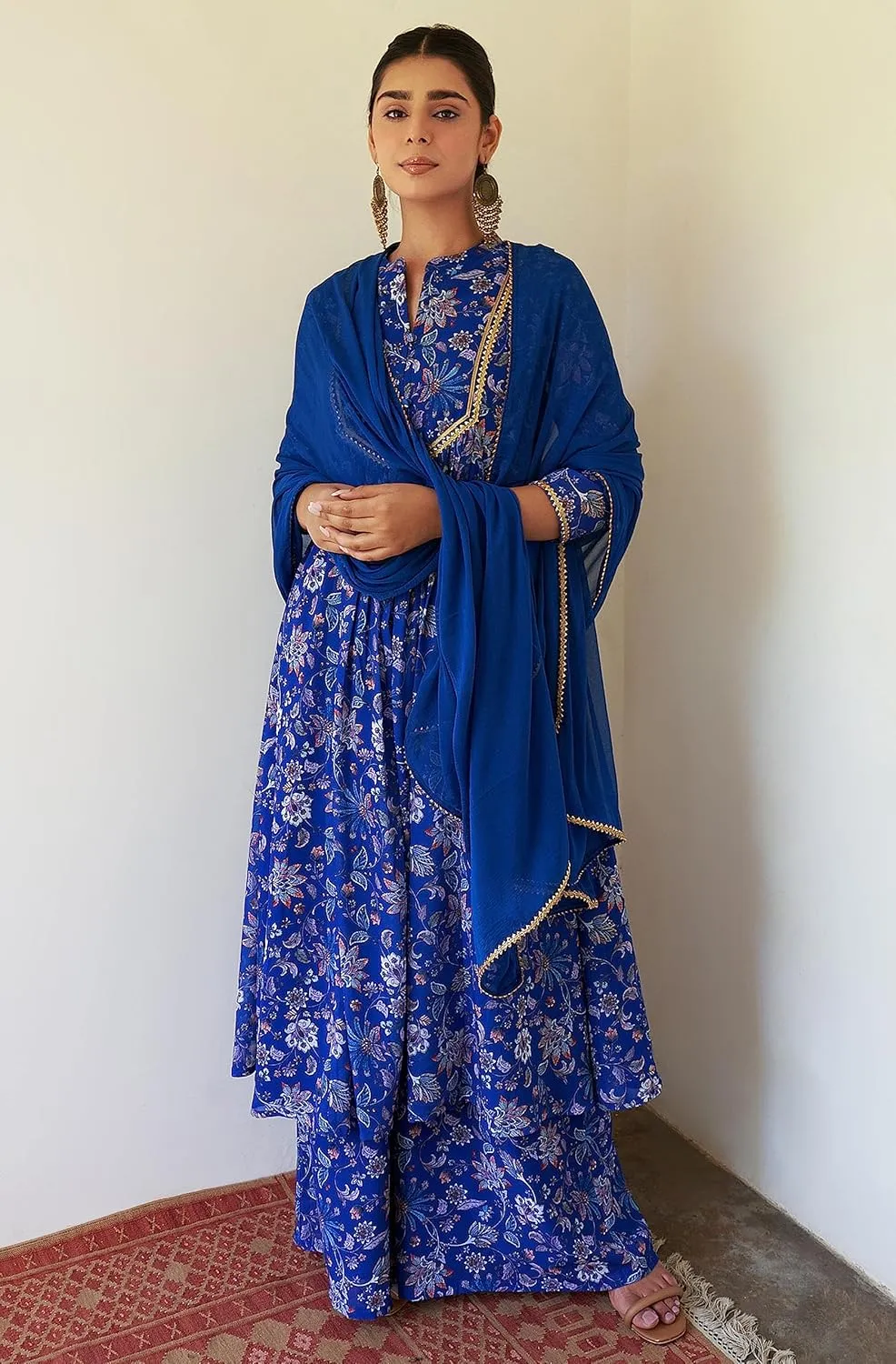 Janasya Indian Women's Flowy Floral Printed Kurta Kurti Top Tunic Festive Wedding Party wear Kurta with Pant and Dupatta