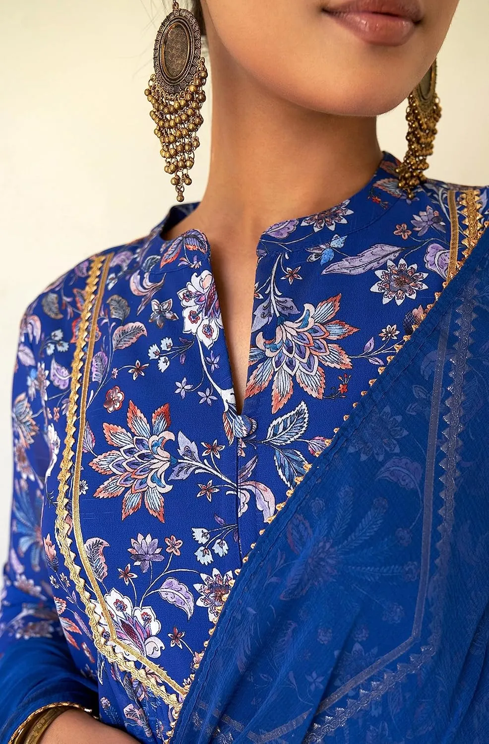 Janasya Indian Women's Flowy Floral Printed Kurta Kurti Top Tunic Festive Wedding Party wear Kurta with Pant and Dupatta