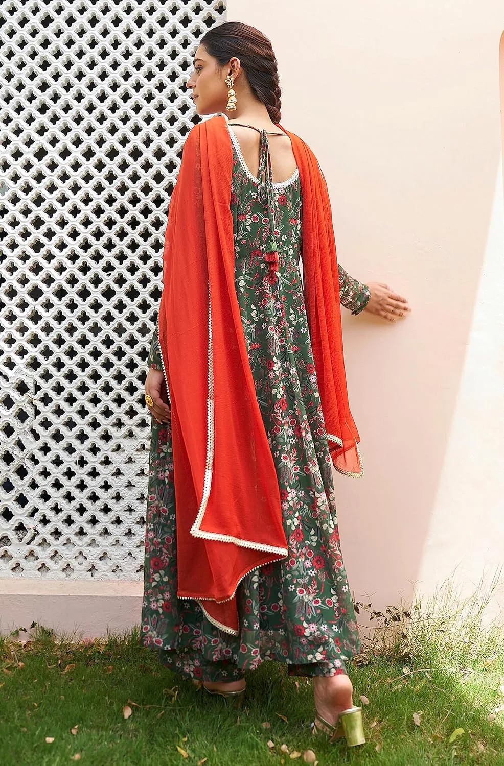 Janasya Indian Women's Flowy Floral Printed Kurta Kurti Top Tunic Festive Wedding Party wear Kurta with Pant and Dupatta
