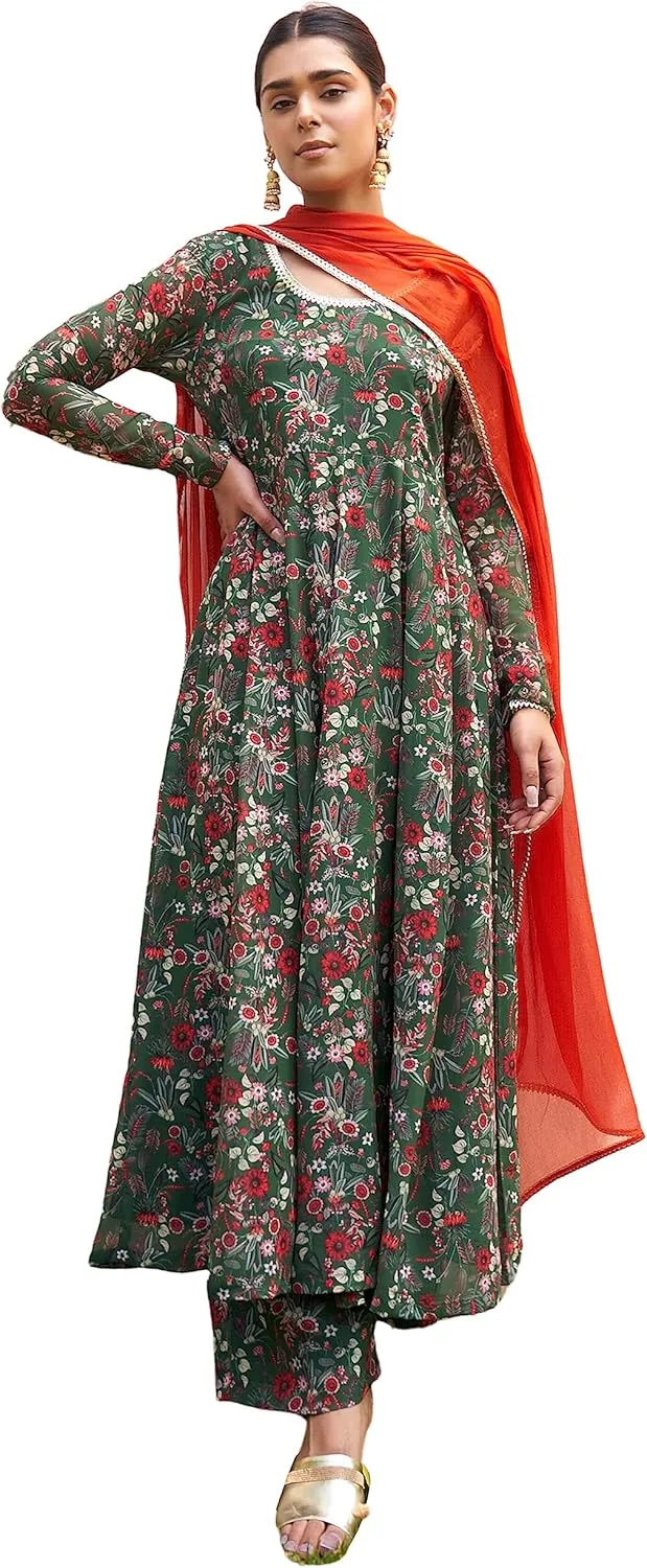 Janasya Indian Women's Flowy Floral Printed Kurta Kurti Top Tunic Festive Wedding Party wear Kurta with Pant and Dupatta