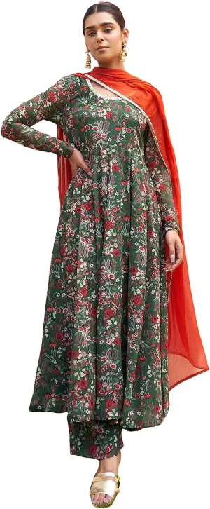 Janasya Indian Women's Flowy Floral Printed Kurta Kurti Top Tunic Festive Wedding Party wear Kurta with Pant and Dupatta