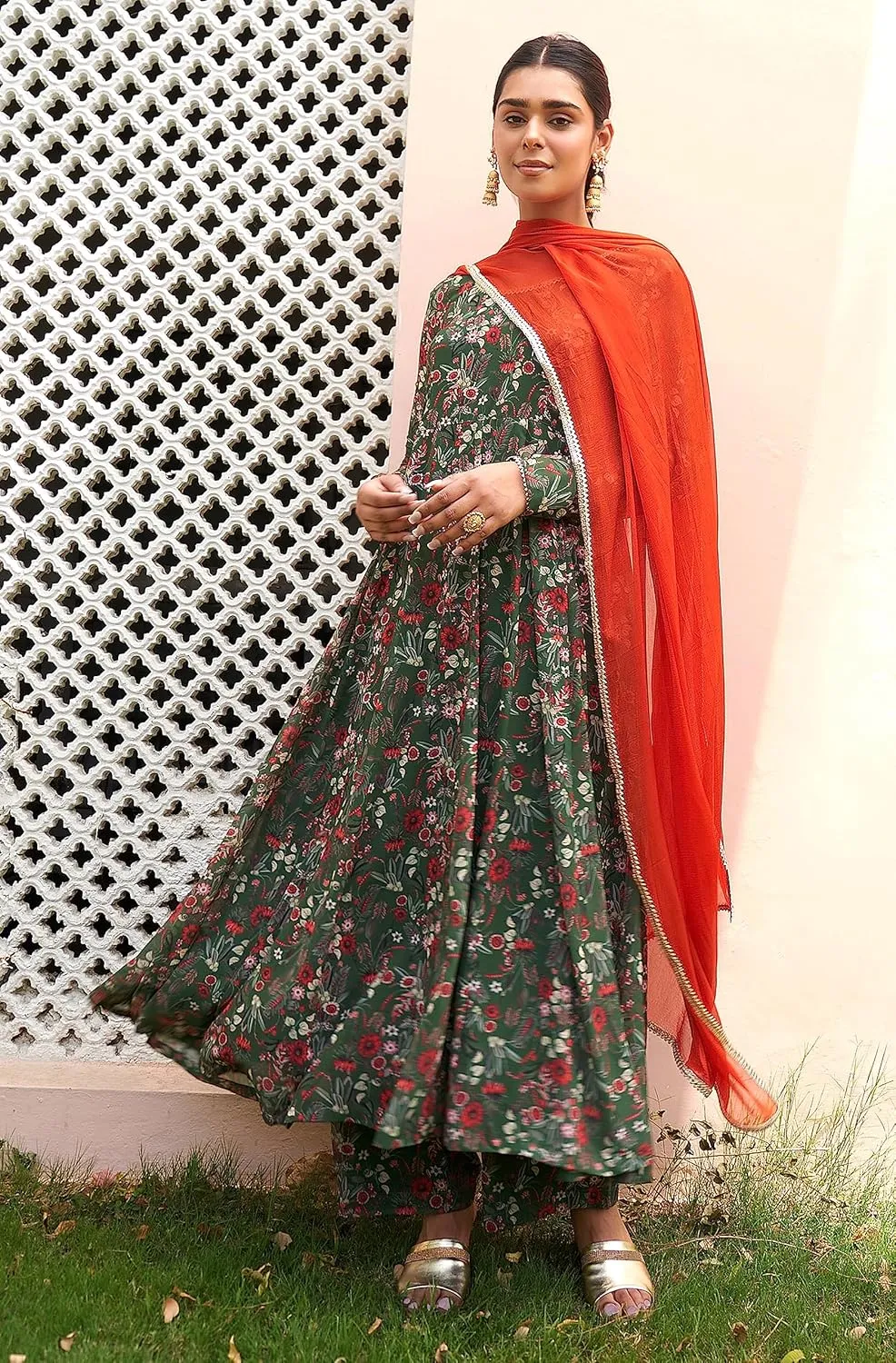 Janasya Indian Women's Flowy Floral Printed Kurta Kurti Top Tunic Festive Wedding Party wear Kurta with Pant and Dupatta