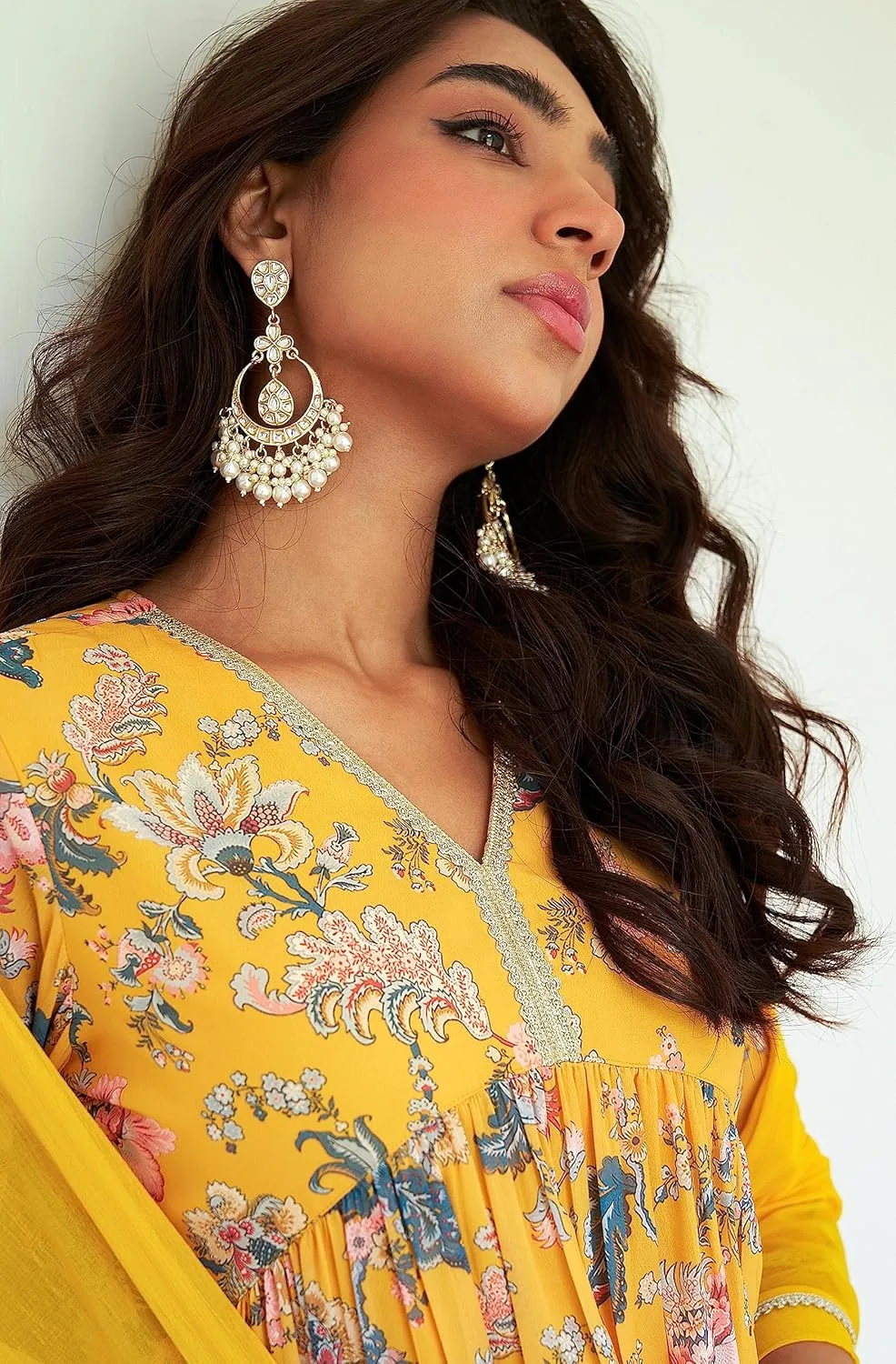 Janasya Indian Women's Flowy Floral Printed Kurta Kurti Top Tunic Festive Wedding Party wear Kurta with Pant and Dupatta