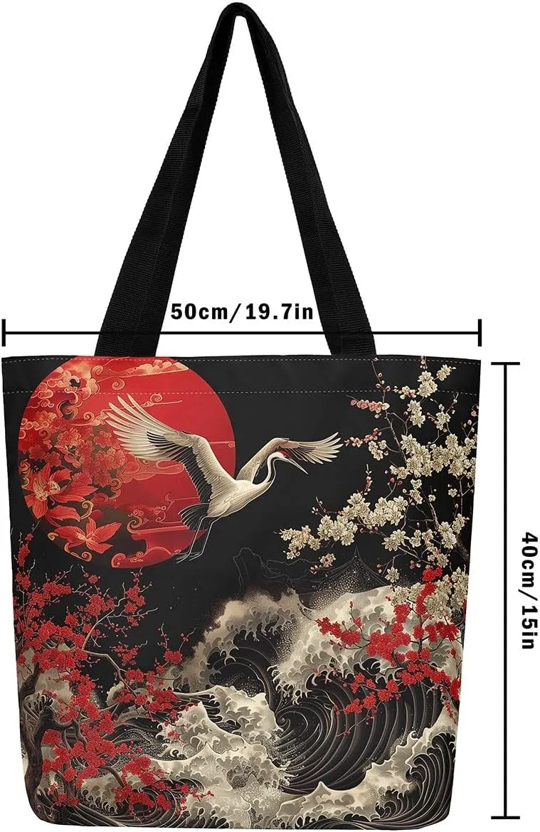 Japanese Style Canvas Bag Oriental Ukiyoe Grocery Bag, Cherry Blossoms Canvas Tote Bag