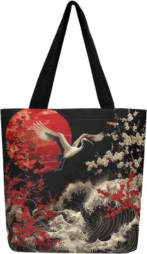 Japanese Style Canvas Bag Oriental Ukiyoe Grocery Bag, Cherry Blossoms Canvas Tote Bag