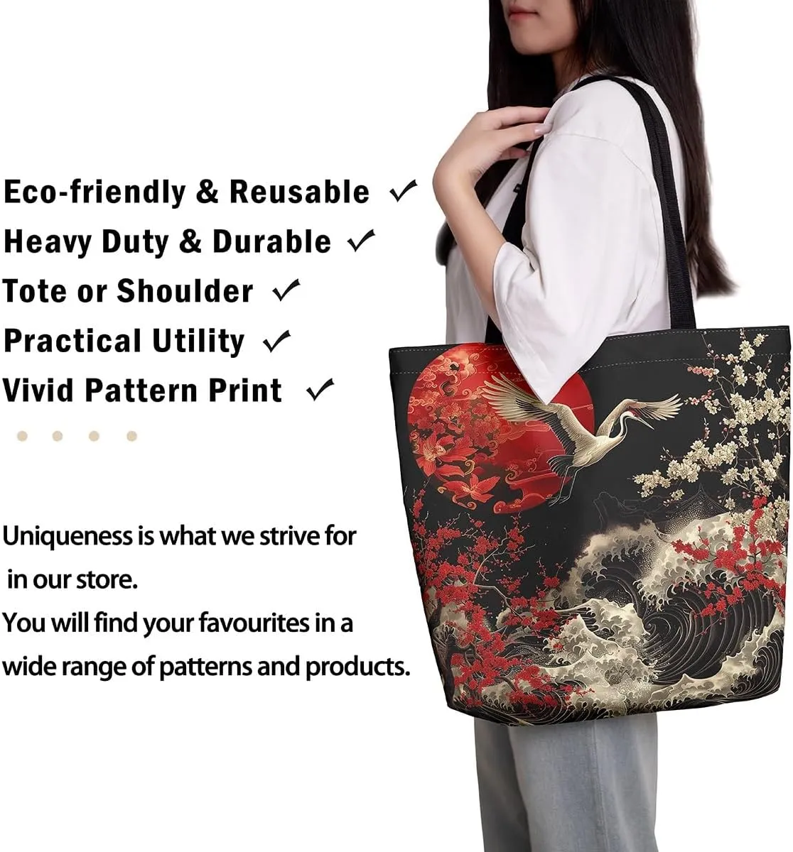 Japanese Style Canvas Bag Oriental Ukiyoe Grocery Bag, Cherry Blossoms Canvas Tote Bag