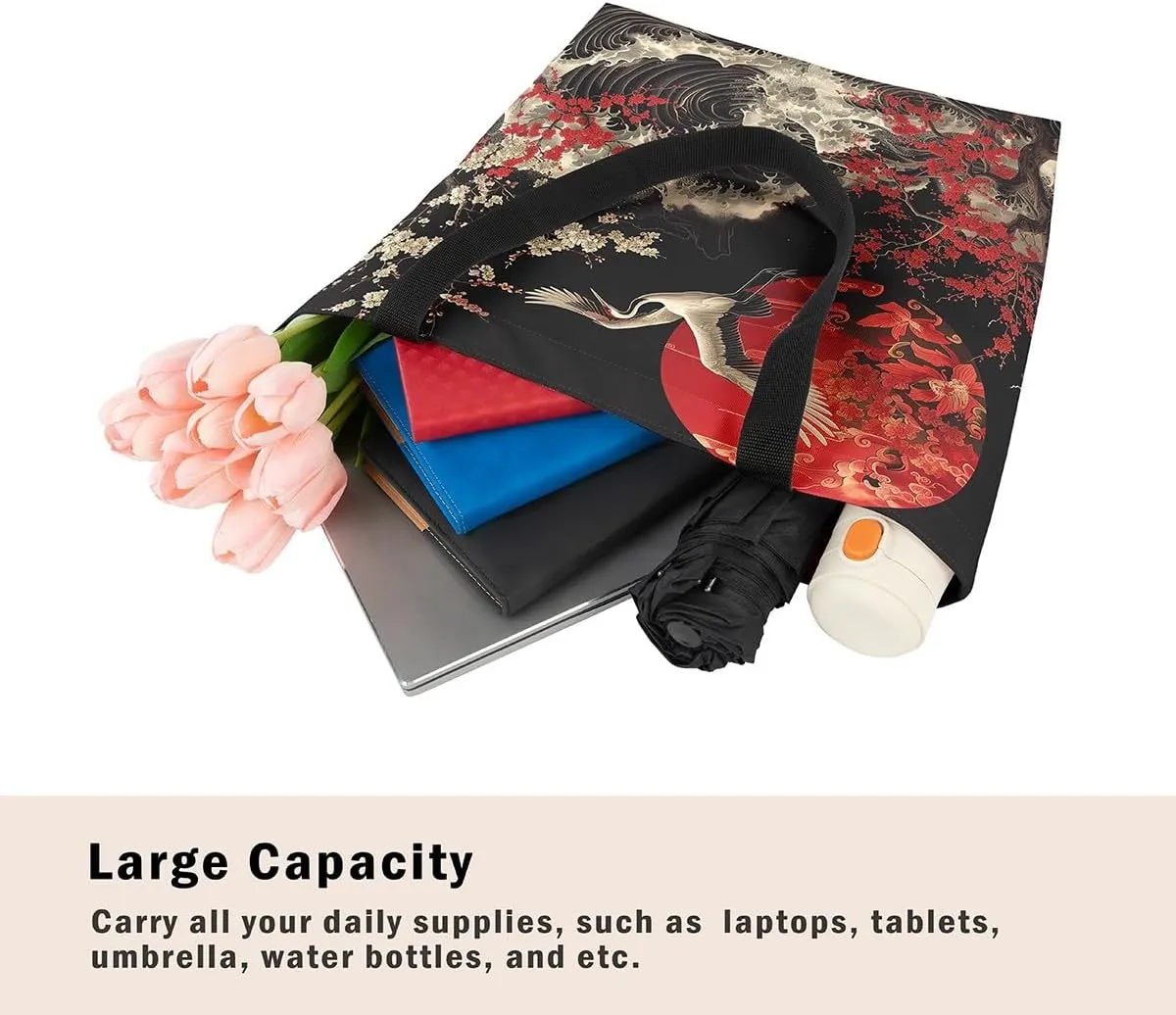 Japanese Style Canvas Bag Oriental Ukiyoe Grocery Bag, Cherry Blossoms Canvas Tote Bag