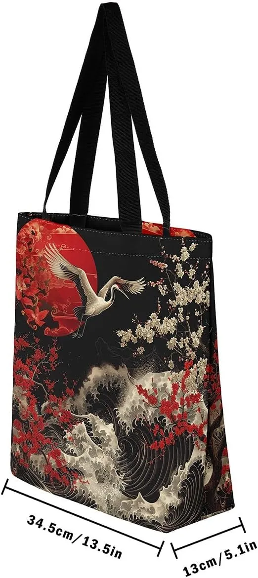 Japanese Style Canvas Bag Oriental Ukiyoe Grocery Bag, Cherry Blossoms Canvas Tote Bag