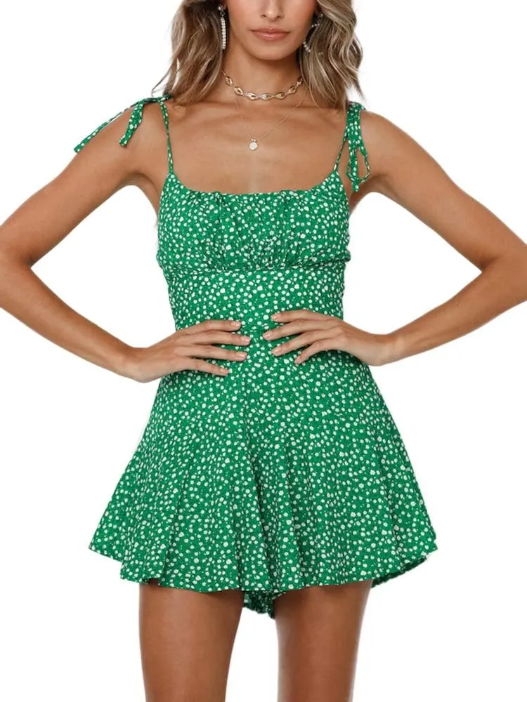Jeanewpole1 Women's Boho Floral Wide Leg Short Romper Spaghetti Strap Smocked Jumpsuit