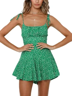 Jeanewpole1 Women's Boho Floral Wide Leg Short Romper Spaghetti Strap Smocked Jumpsuit