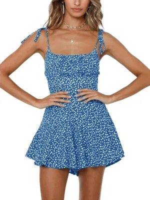 Jeanewpole1 Women's Boho Floral Wide Leg Short Romper Spaghetti Strap Smocked Jumpsuit