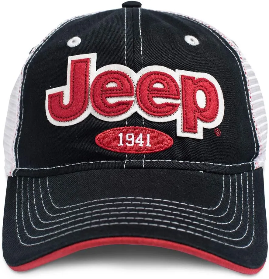 Jeep Black Hat - Felt Appliqué Cap for Men & Women - 1941 Embroidered Logo, Adjustable Snapback, Mesh Trucker Cap, Off-Road Merchandise, Officially Licensed