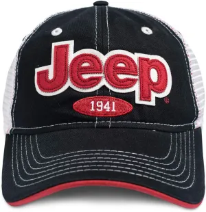 Jeep Black Hat - Felt Appliqué Cap for Men & Women - 1941 Embroidered Logo, Adjustable Snapback, Mesh Trucker Cap, Off-Road Merchandise, Officially Licensed