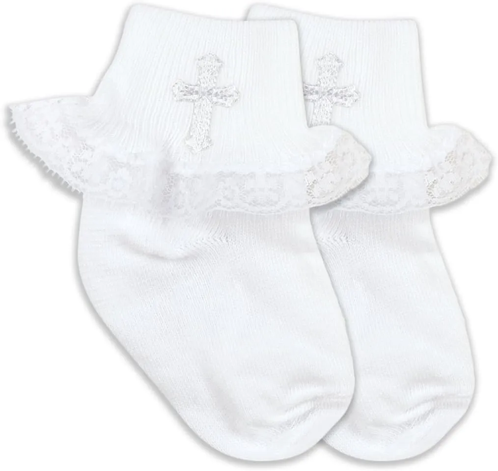 Jefferies Socks Baby Girls Cross Lace First Communion Christening Dress Turn Cuff Socks 1 Pair Pack