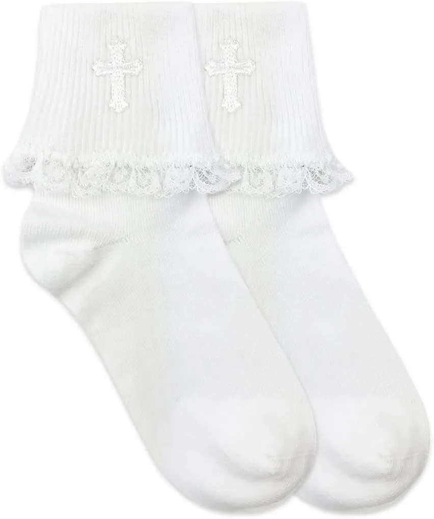 Jefferies Socks Girls Cross Lace Trim First Holy Communion Turn Cuff Socks 1 Pair Pack