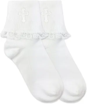 Jefferies Socks Girls Cross Lace Trim First Holy Communion Turn Cuff Socks 1 Pair Pack