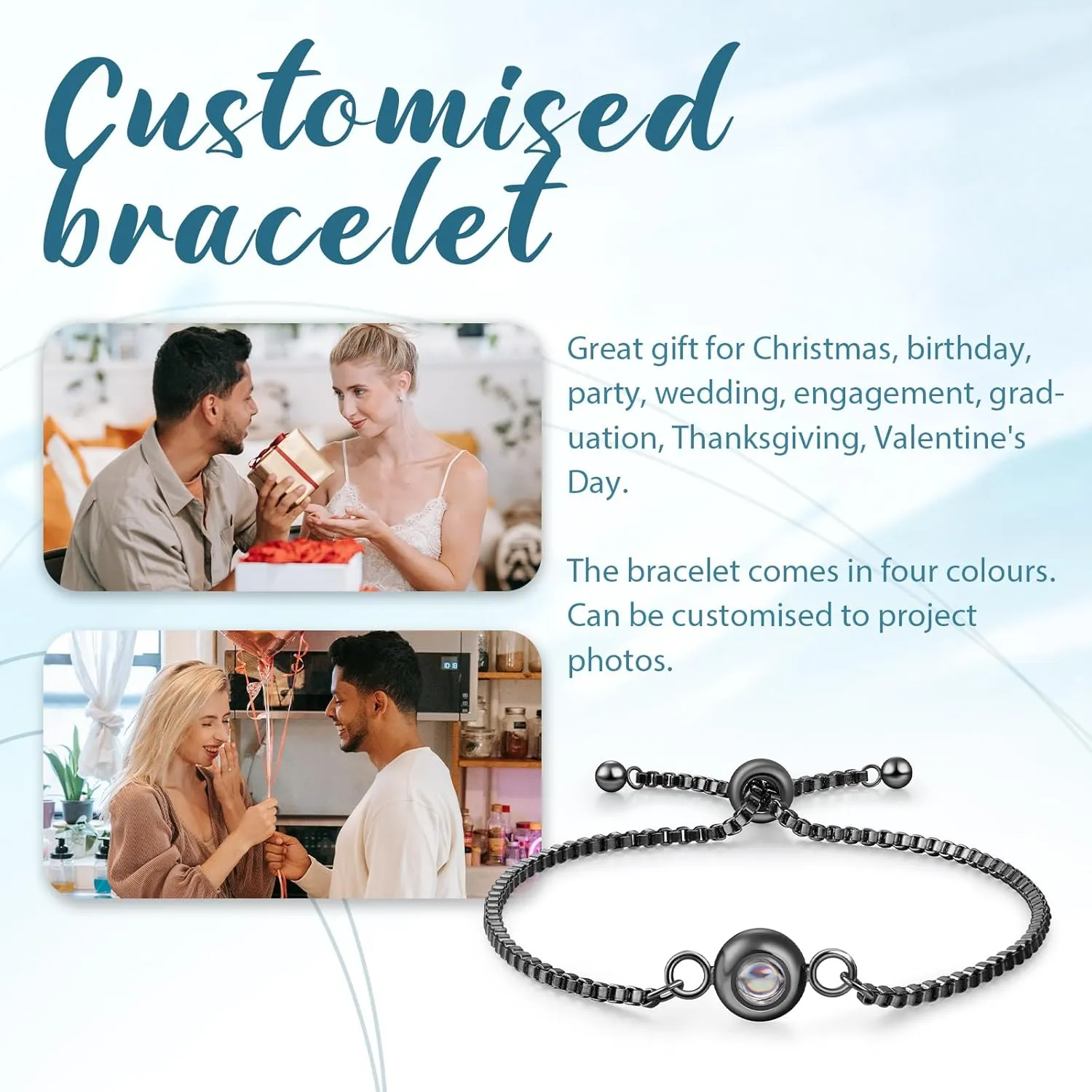 JewelOra Custom Bracelets with Picture Inside, Personalized Photo Bracelet for Women, Customized Projection Bracelets with Photos, Memorial Gifts for Women/Men/Couple