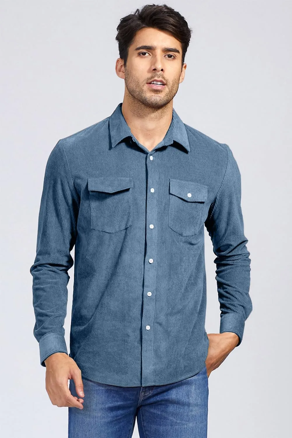 JMIERR Men's Corduroy Button Down Shirts Casual Long Sleeve Shacket Jacket with Flap Pockets