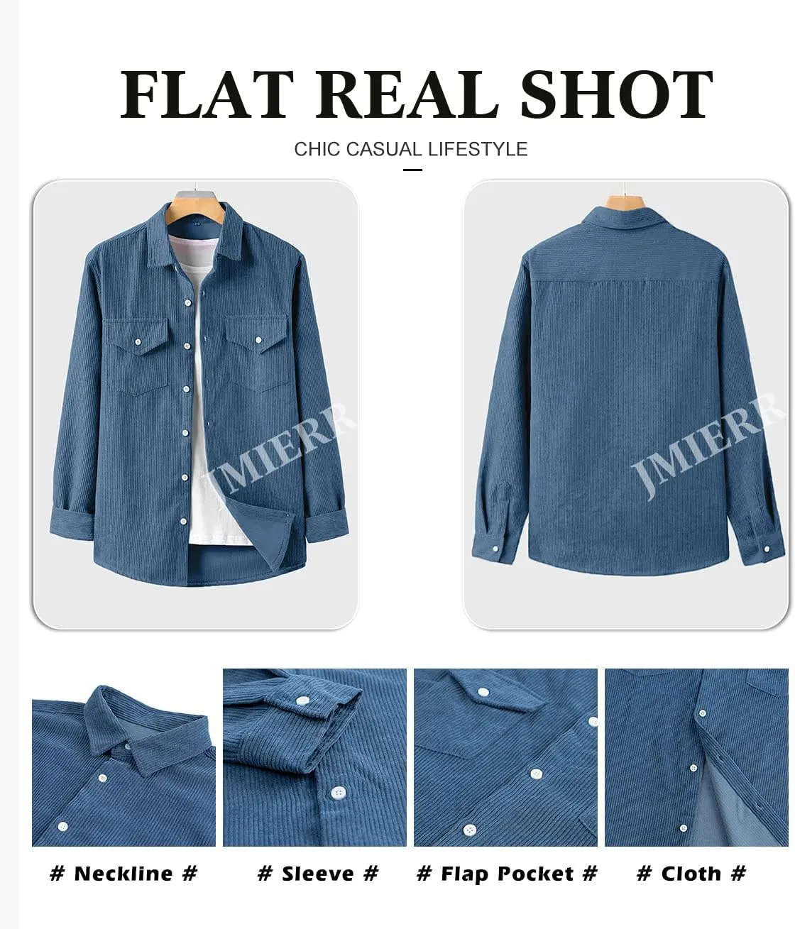 JMIERR Men's Corduroy Button Down Shirts Casual Long Sleeve Shacket Jacket with Flap Pockets