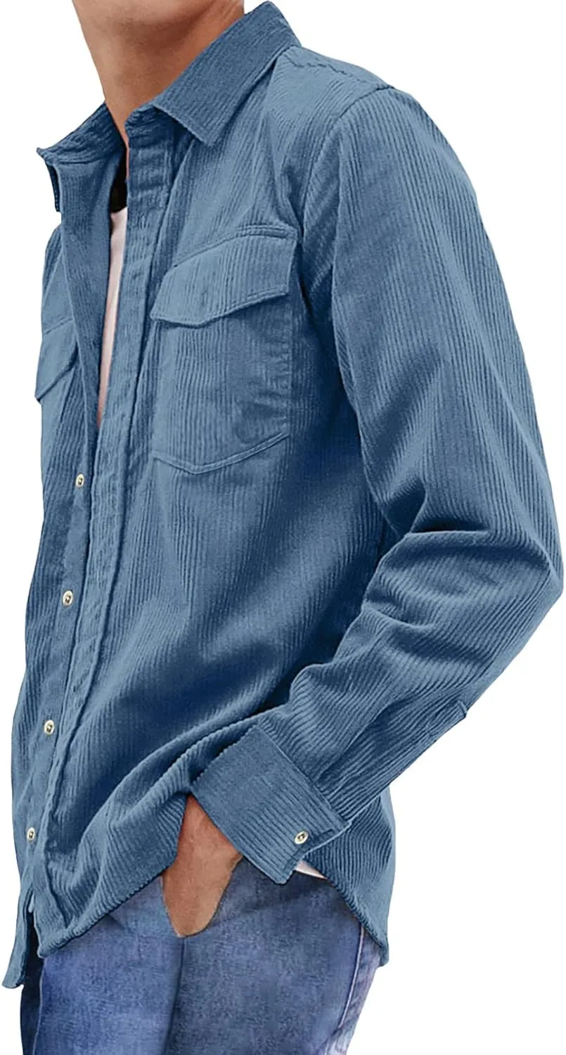 JMIERR Men's Corduroy Button Down Shirts Casual Long Sleeve Shacket Jacket with Flap Pockets